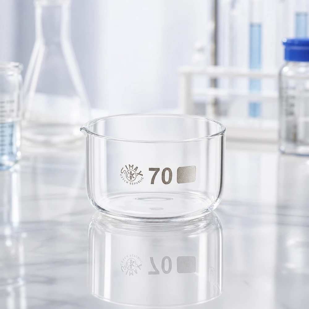 100ml Kristallisierschale ohne Ausguss Borosilikat ø70mm Kristallisierschale ohne Ausguss 70mm Durchmesser vor Labor-Hintergrund mit Erlenmeyerkolben