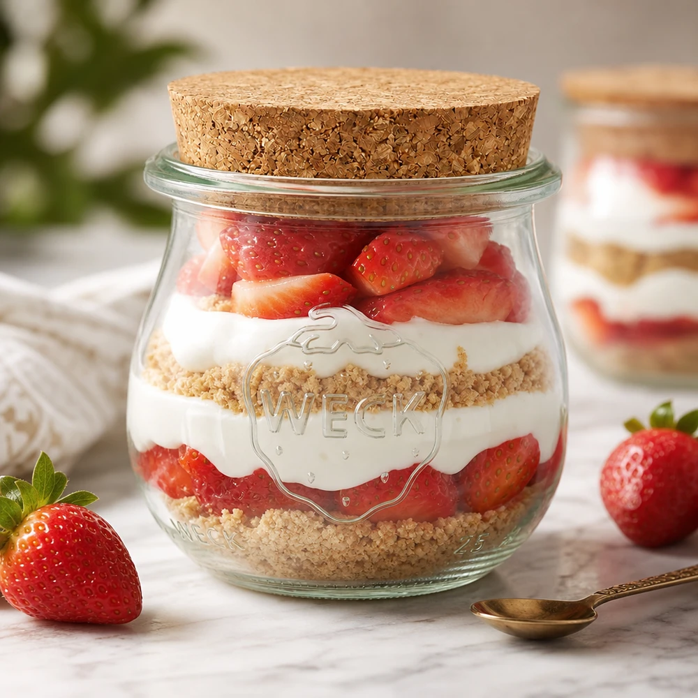 75ml Tulpenglas WECK RR40 mit Korken natur WECK Tulpenglas 75ml RR40 als Dessertglas mit Erdbeeren und Sahne geschichtet Korkverschluss Nachtisch im Glas