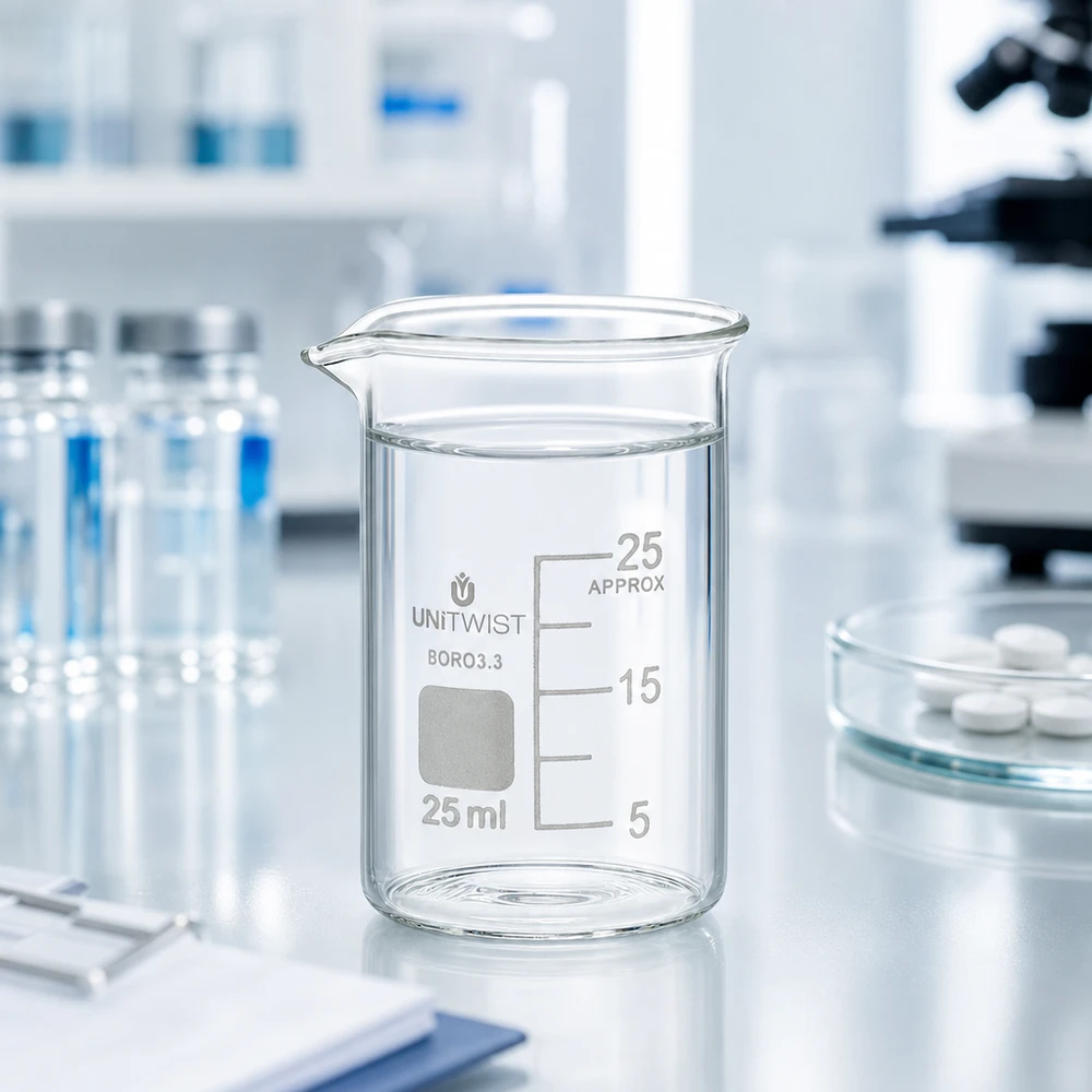 Becherglas 25ml Borosilikat, niedrige Form UNiTWIST Klares zylindrisches UNiTWIST Becherglas 25ml mit Millimeterskala in modernem wissenschaftlichem Labor