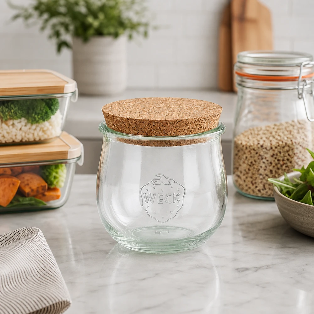 WECK Tulpenglas 370ml RR80 Korkdeckel in moderner Küche neben Vorratsdosen und Meal Prep Behältern auf Marmor