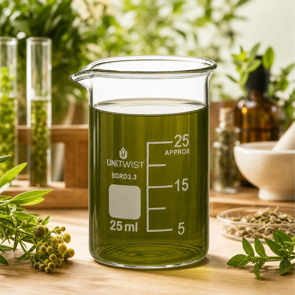 Becherglas 25ml Borosilikat, niedrige Form UNiTWIST Hitzebeständiges Becherglas 25ml niedriger Form mit Ausguss von UNiTWIST für Kräuterdestillation