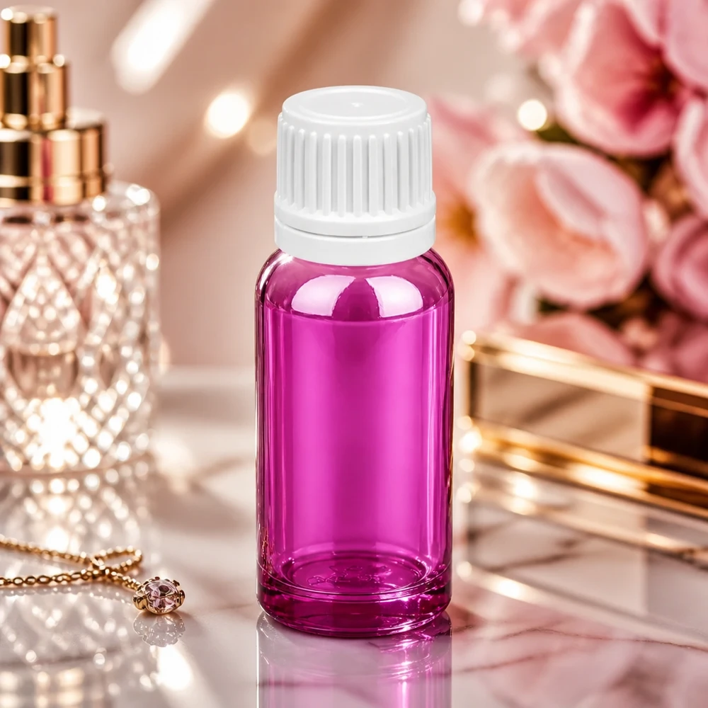 Stilvolle 20ml Sammelflasche aus violettem Glas mit weißem Verschluss für Duftöle