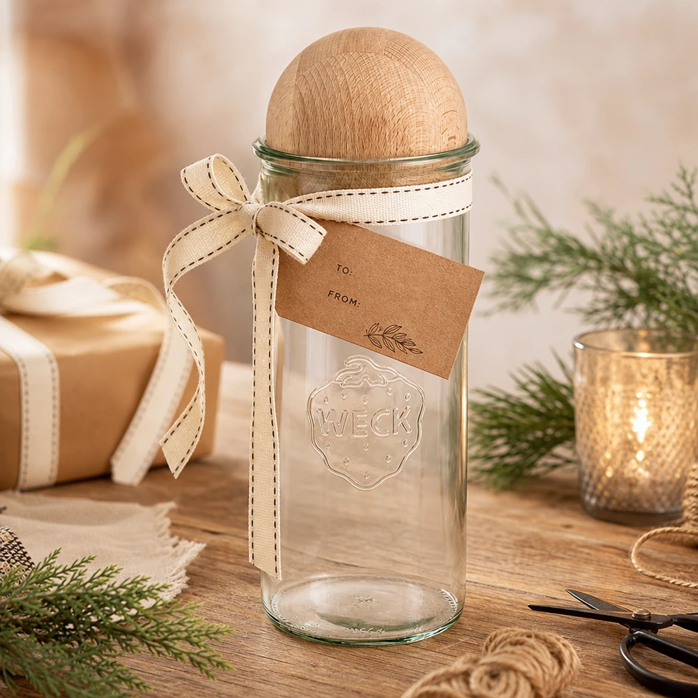1500ml Sturzglas WECK RR100 mit Holzkugel Buche WECK Sturzglas 1500ml RR100 als Geschenkverpackung mit Holzkugel Buche, Geschenkband und Anhänger dekoriert