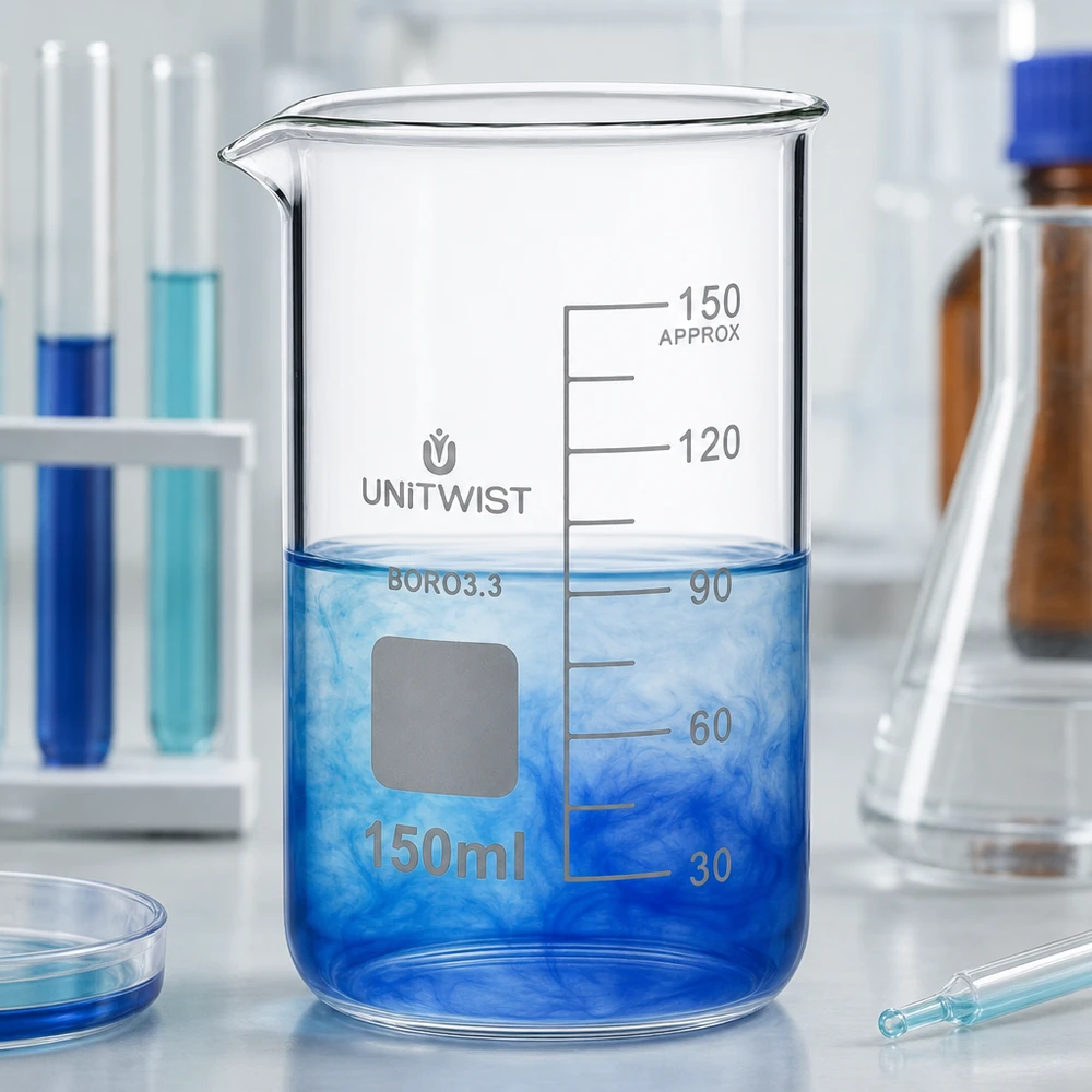 Becherglas 150ml Borosilikat, hohe Form UNiTWIST UNITWIST Präzisionsbecherglas 150ml hohe Form Borosilikat mit weißem Beschriftungsfeld und Skala