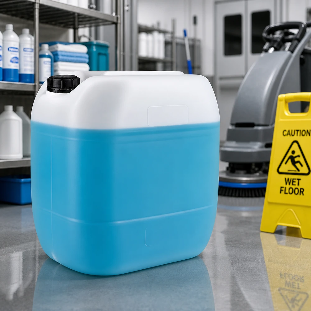 Kanister 30 Liter mit Schraubverschluss Originalitätsverschluss Robuster Lagerkanister 30 Liter mit OV-Schraubverschluss auf reflektierendem Industrieboden
