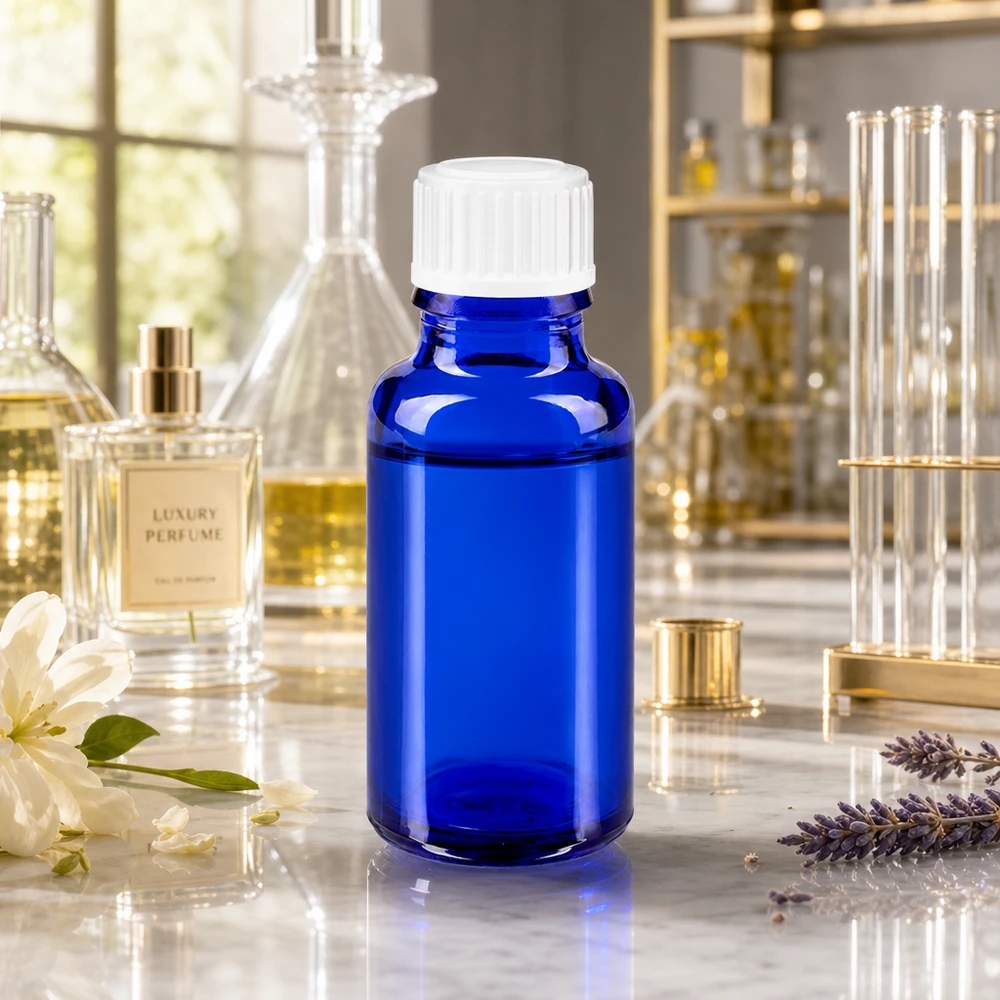 Blaue UV-Schutzflasche 20ml Glas mit weißem Standardverschluss neben Luxusparfüm