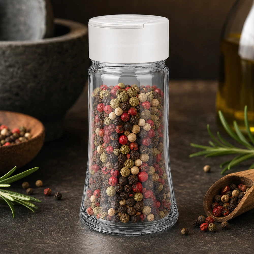 Salz-/Gewürzglas 95ml mit Doppelstreuer weiss Küchenzubehör Gewürzstreuer 95ml Klarglas konische Form weißer Doppelstreuer mit Buntpfefferfüllung