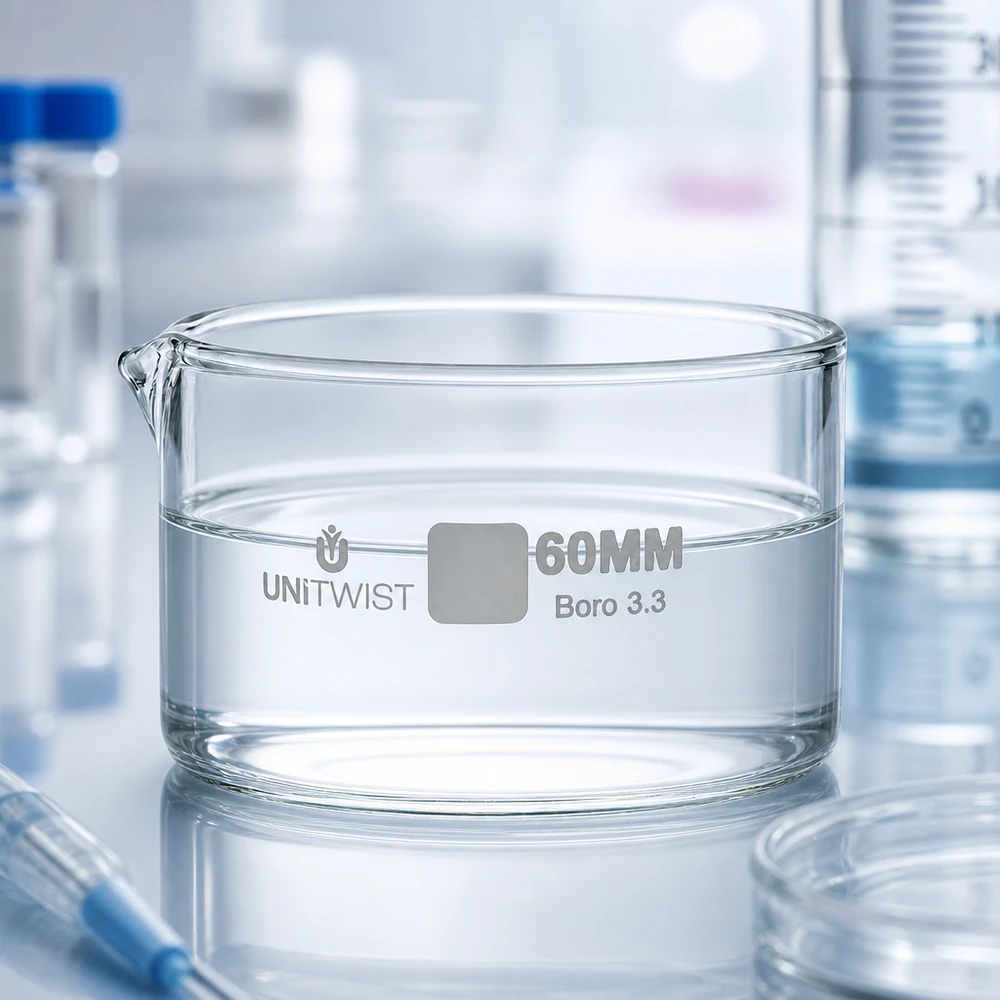 Kristallisierschale ø60mm Borosilikatglas UNiTWIST Niedrige Glasschale UNiTWIST 60mm Durchmesser mit Flüssigkeitsfüllung zwischen Laborgeräten
