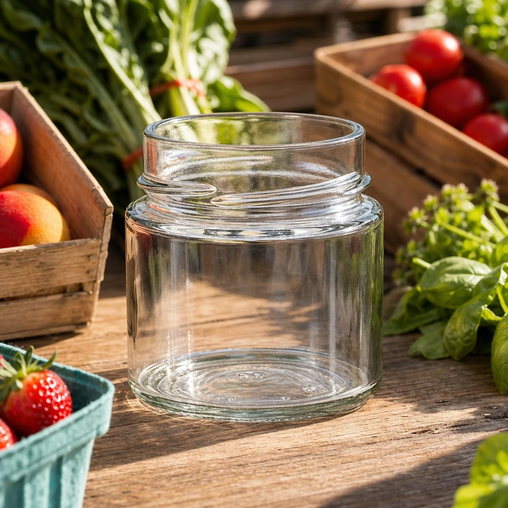 135ml Rundglas ohne Deckel (TO58deep) UNiTWIST UNiTWIST Runda135 Rundglas 135ml TO58deep Einmachglas auf Holztisch mit frischem Obst und Gemüse