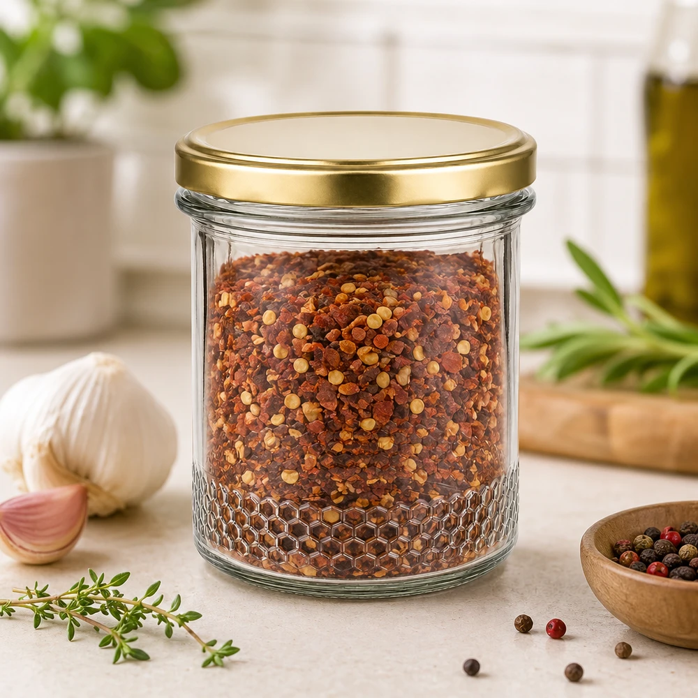 560g Honigglas + BasicSeal Deckel gold UNiTWIST 400ml Honigglas mit BasicSeal Deckel gold UNiTWIST als Gewürzglas für Chili-Flocken in Küchenambiente