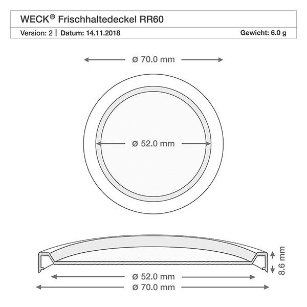 290ml Saftflasche mit Frischedeckel WECK RR60 Technische Zeichnung WECK Frischedeckel RR60 mit Maßangaben 70mm Außendurchmesser 52mm Innendurchmesser 8,6mm Höhe