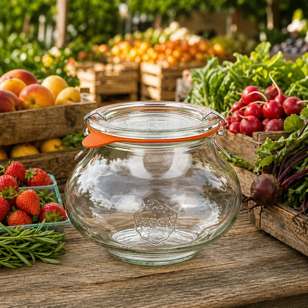 560ml Schmuckglas komplett WECK RR80 WECK Schmuckglas 560ml RR80 auf Holztisch zwischen frischem Obst und Gemüse, natürliche Marktszene mit Einmachglas