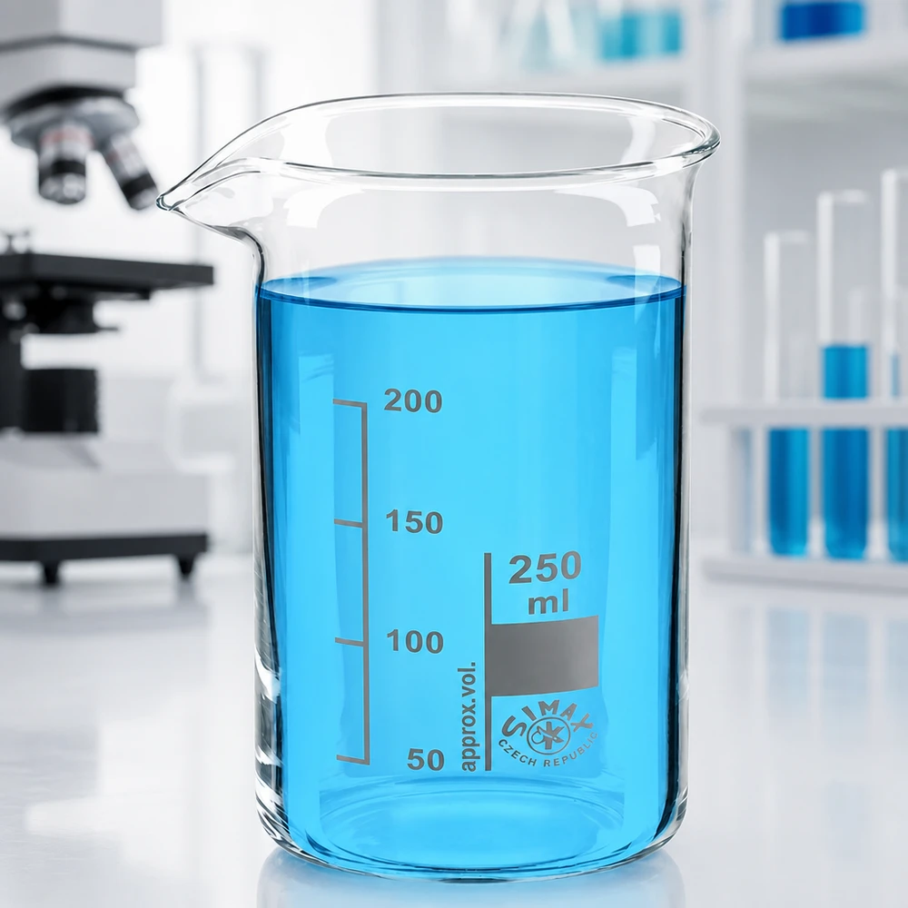 Becherglas Borosilikatglas 250ml hohe Form mit blau gefärbtem Laborinhalt und Ausgießer