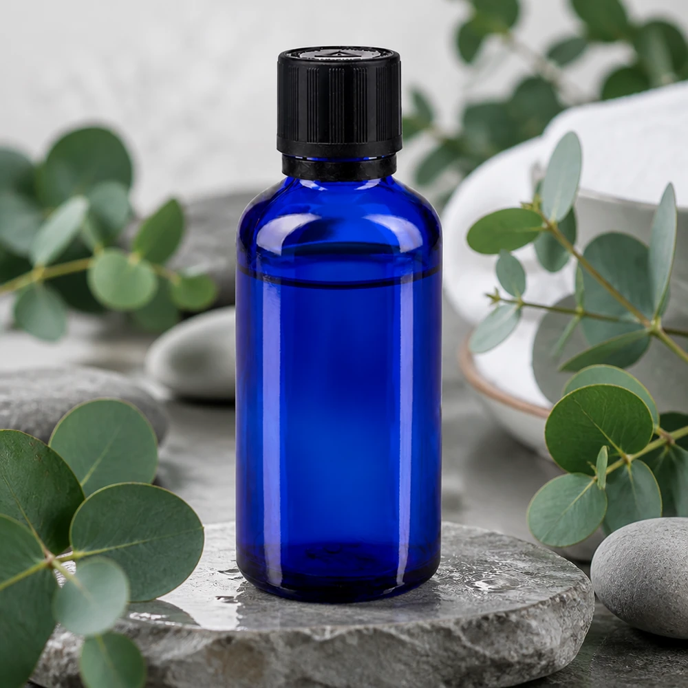 Apothekenflasche blau 50ml Tropfer Giessring 1mm schwarz Kindersicherung Blindenwarnsymbol Originalitätsverschluss Kleines blaues 50ml Dropper-Fläschchen aus UV-Schutzglas mit schwarzem KiSi-Verschluss Nahaufnahme