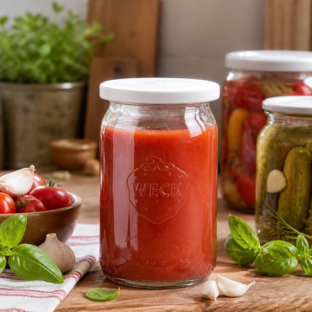 WECK RR40 Einmachglas 145ml gefüllt mit roter Tomatensoße in rustikaler Küche mit frischen Kräutern und Gemüse