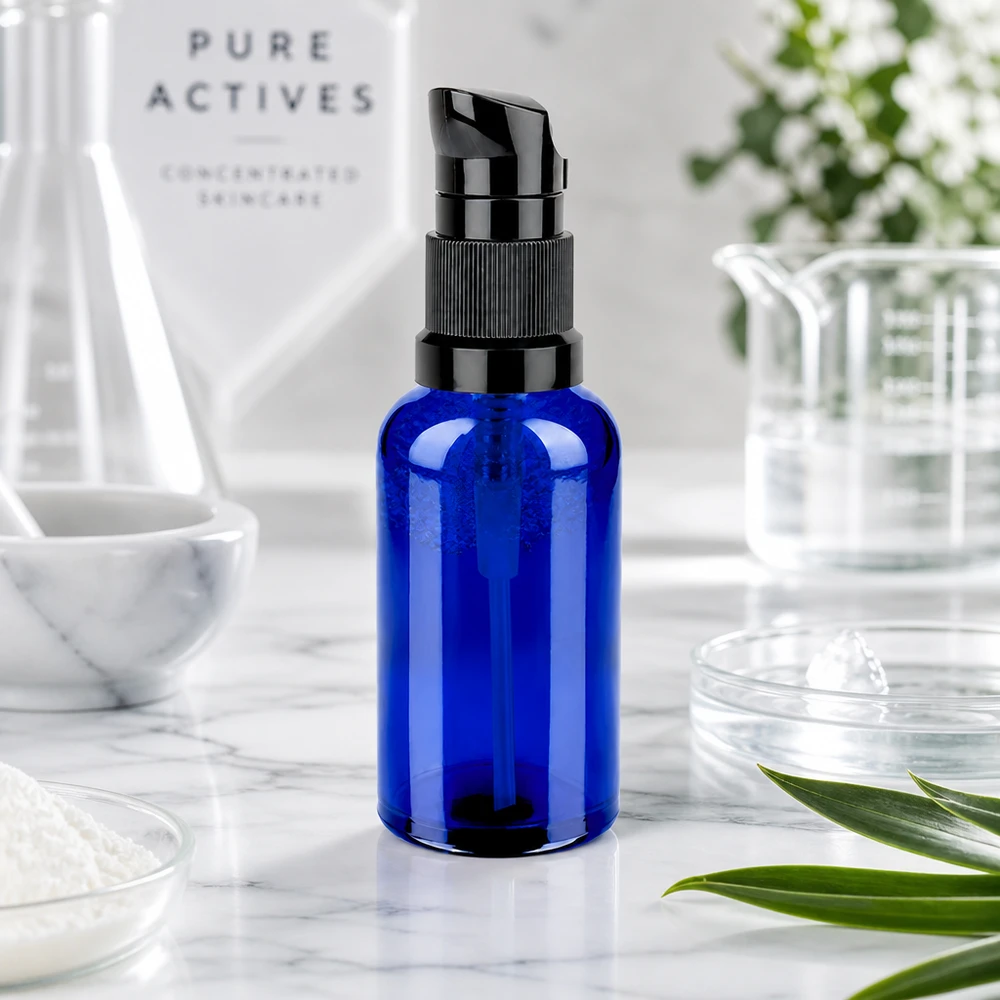 Moderne Glasflasche 50ml in Kobaltblau mit schwarzem Applikator für Beauty-Routine STD BlueLine UT18/50