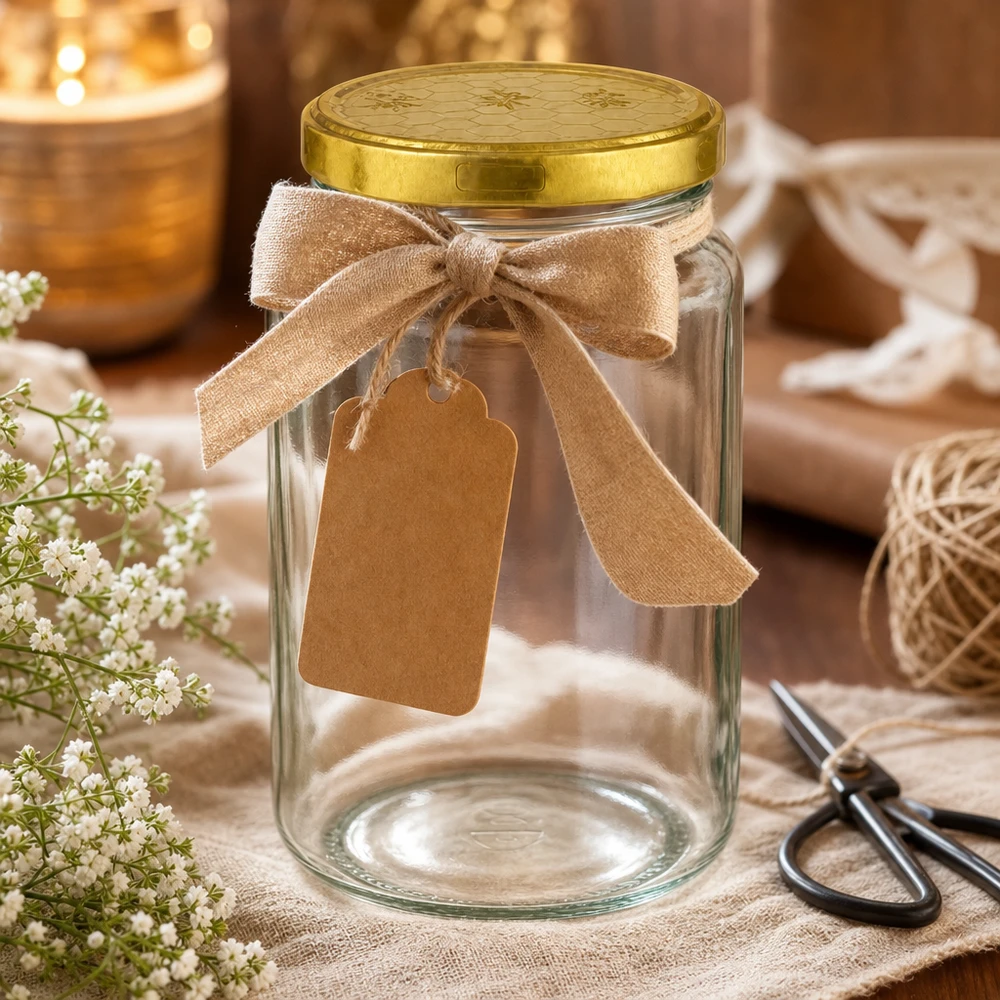 795ml Rundglas mit goldenem Bienenwaben-Deckel als Geschenkverpackung mit Schleife und Anhänger dekoriert
