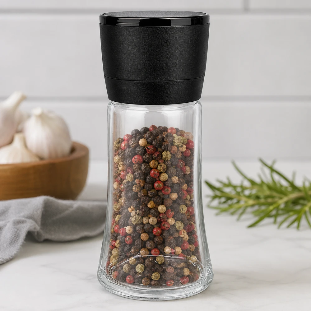 Nachfüllbare Gewürzmühle 95ml mit schwarzem Dreh-Mahlwerk für Salz und Pfeffer