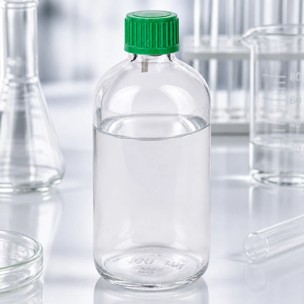 Seitliche Ansicht 100ml ClearLine Glasflasche mit grünem Tropfverschluss auf weißer Laboroberfläche