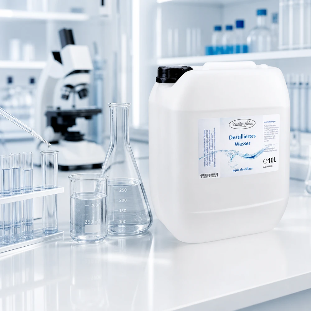 Destilliertes Wasser 10L Doktor-Klaus Weißer 10 Liter Behälter Doktor-Klaus destilliertes Wasser in steriler Laborumgebung