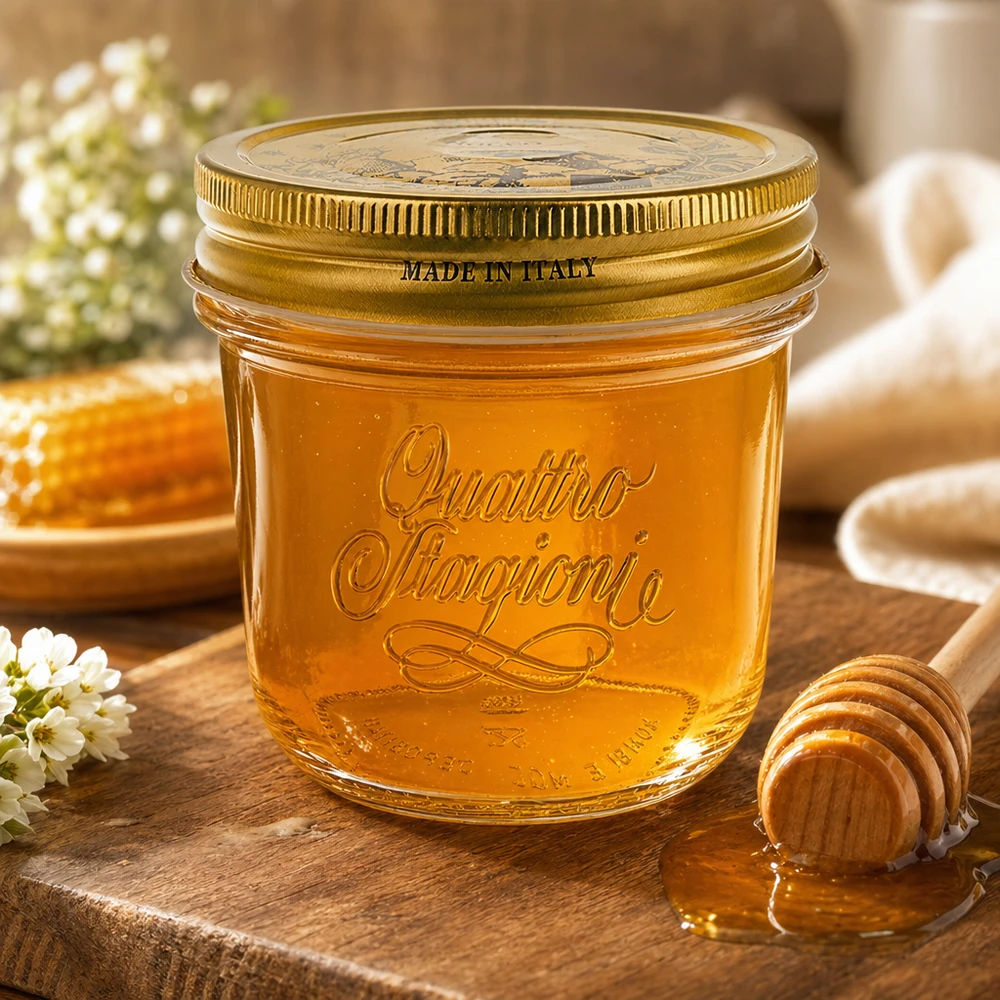 200ml Sturzglas "Quattro Stagioni" mit Deckel 200ml Quattro Stagioni Sturzglas mit goldenem Deckel gefüllt mit Honig auf Holztisch mit Honiglöffel und Blumen