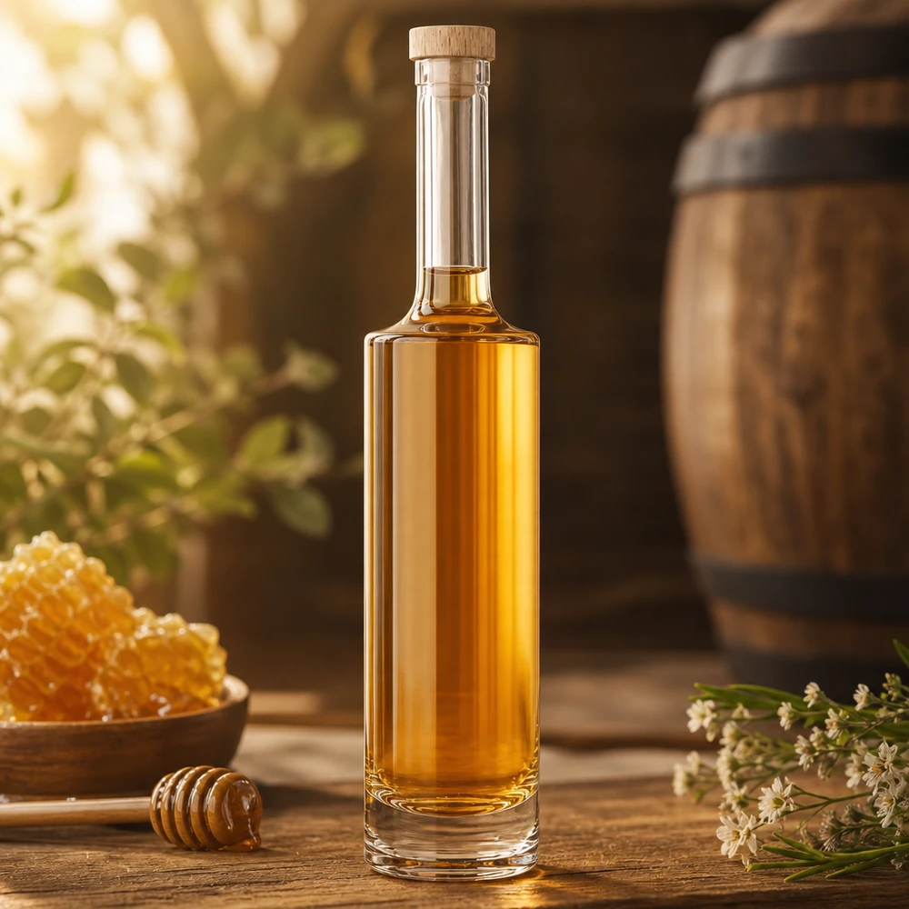 500ml Glasflasche Rosa mit Honig gefüllt neben Bienenwabe und Honiglöffel auf rustikalem Holztisch mit Fass