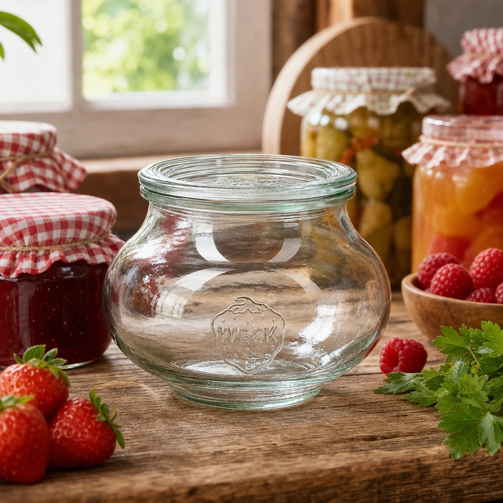 WECK RR80 560ml Einmachglas in rustikaler Küche mit Marmelade Obst und anderen Vorratsgläsern dekoriert