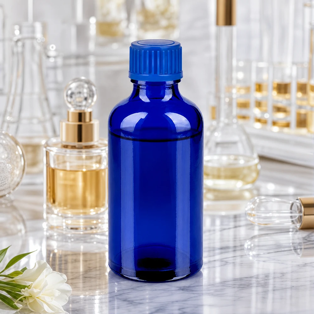 50ml Laborflasche aus robustem Kobaltglas mit auslaufsicherem 11mm Gewinde