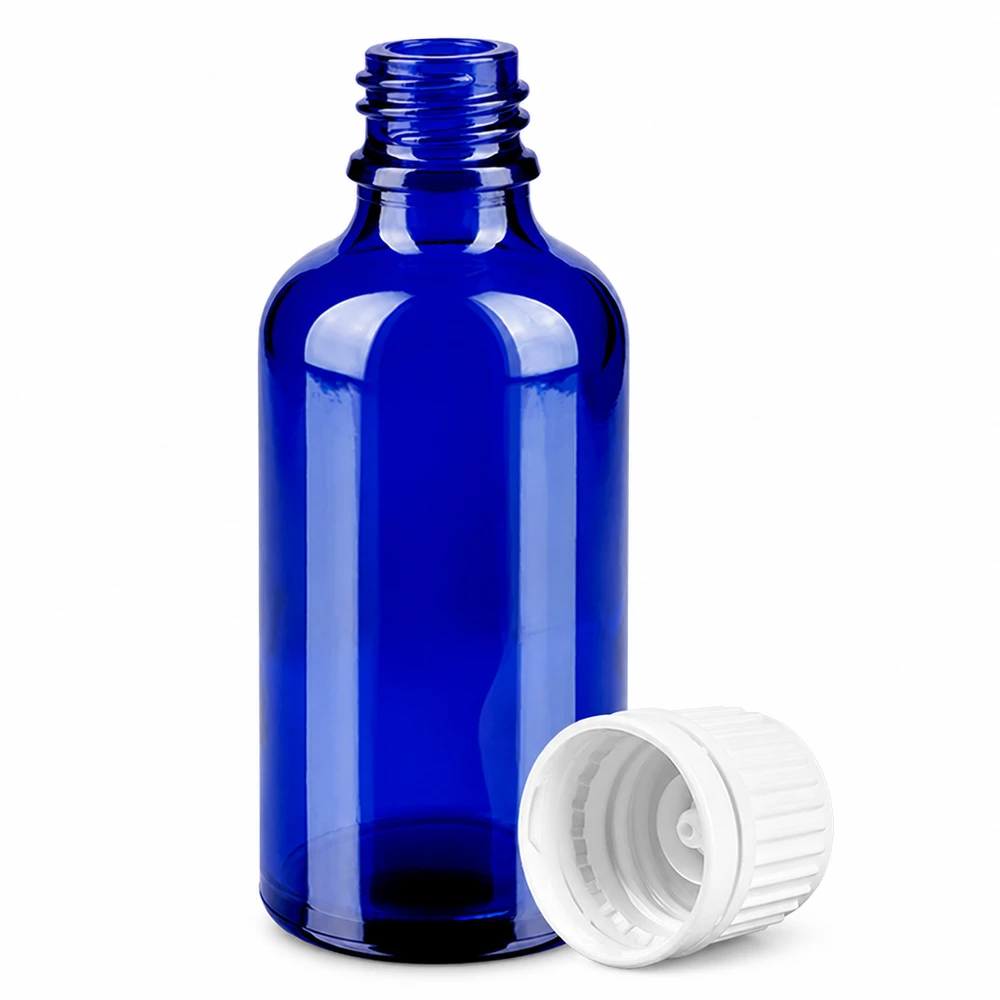 50ml blaue Medizinflasche aus Glas mit weißem Schraubdeckel für flüssige Präparate
