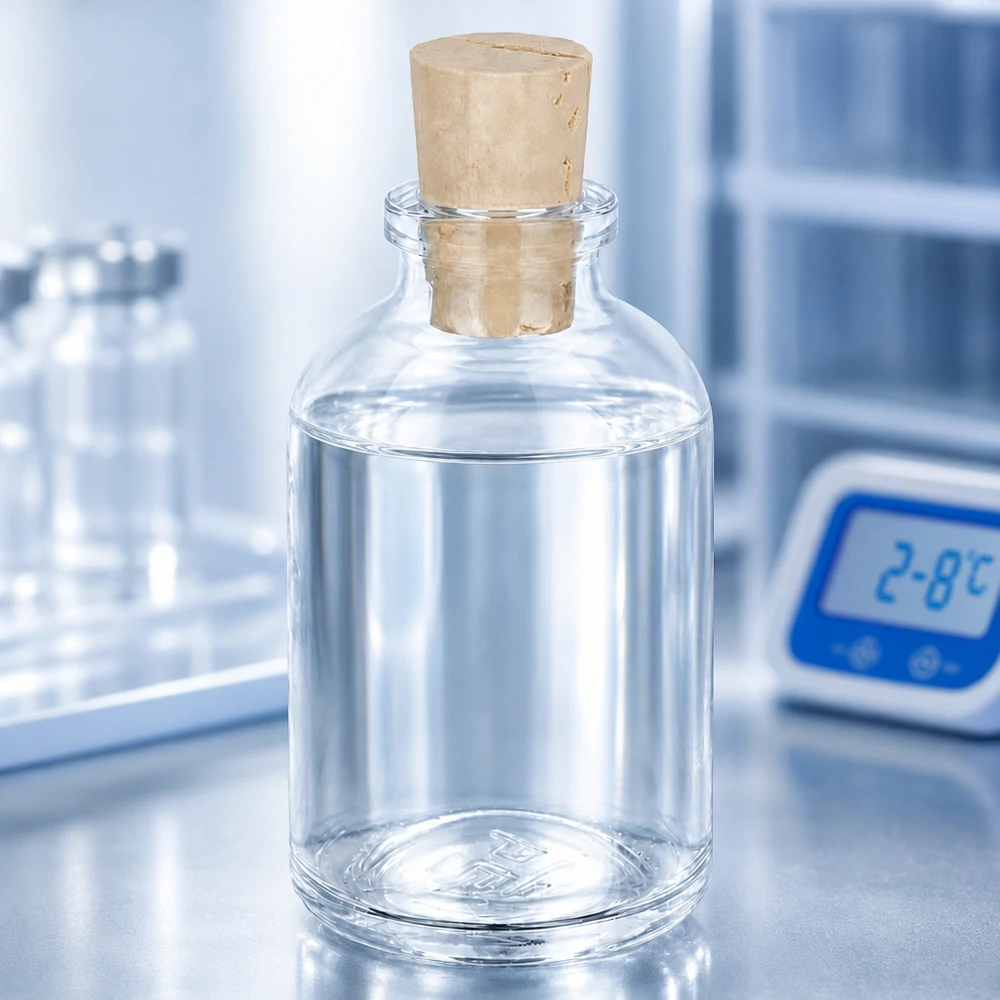 Flasche Klarglas 50ml mit Korken 11/14mm Apothekerflasche Klarglas 50ml mit Korken 11/14mm halb gefüllt mit klarer Lösung im Kühlbereich