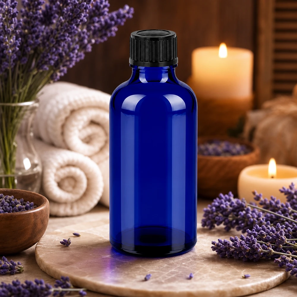 50ml Flasche 11mm Schraubverschluss schwarz Originalitätsverschluss BlueLine UT18/50 50ml Violettglas-Optik Flasche mit schwarzem OV-Verschluss zum Schutz vor UV-Strahlung