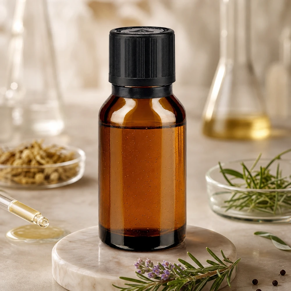 Apothekenflasche braun 15ml Tropfer Giessring 1mm schwarz Kindersicherung Blindenwarnsymbol Originalitätsverschluss 15ml Tropfflasche aus bernsteinfarbenem Glas mit 1mm Öffnung auf weißem Marmorstein