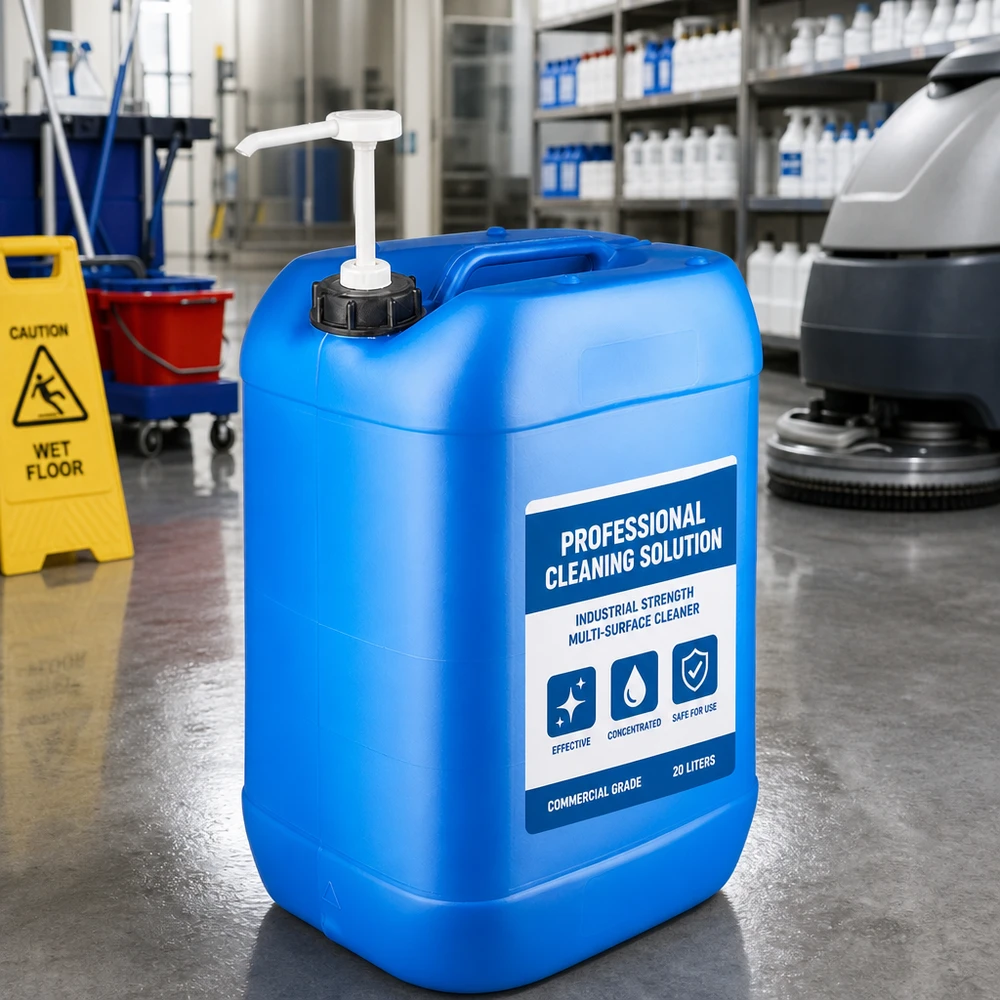 Robuster blauer Flüssigkeitskanister 25 Liter mit Dosierpumpe neben Warnschild Nasser Boden