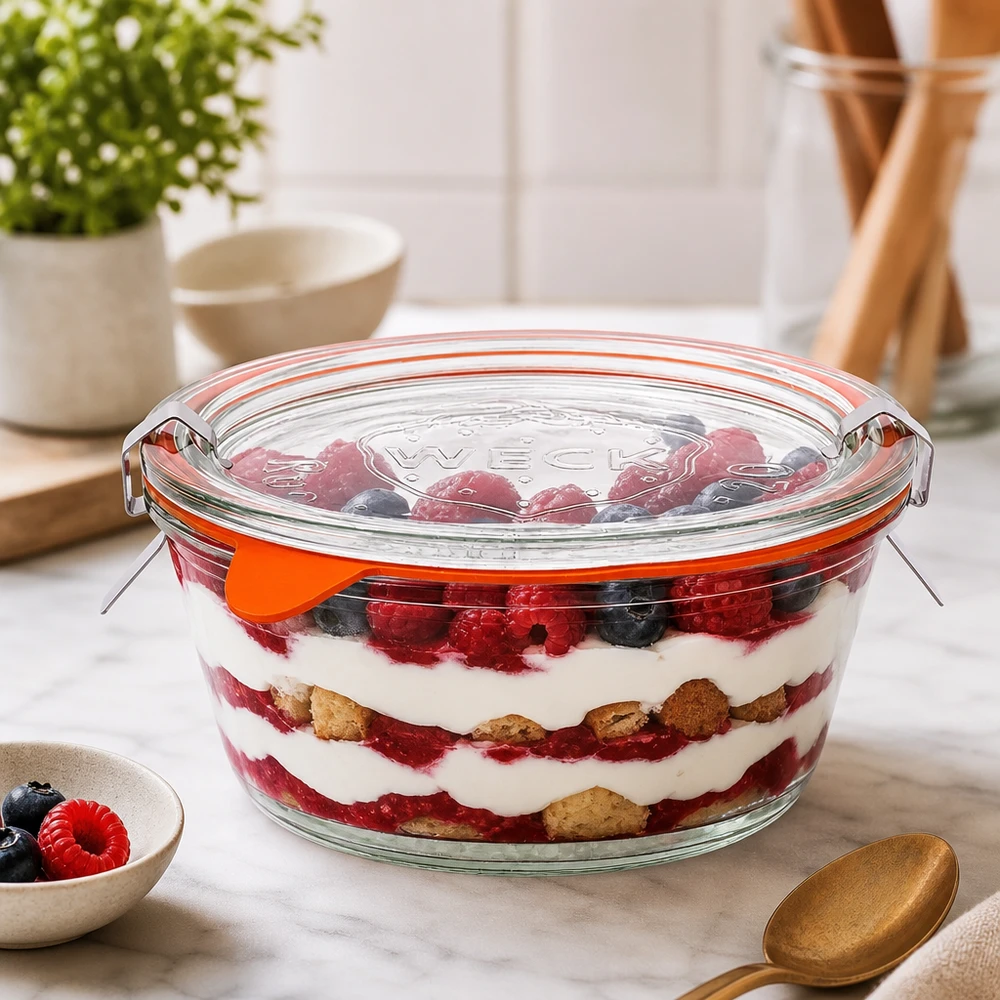 300ml Gourmetglas komplett WECK RR120 WECK Gourmetglas 300ml RR120 mit geschichtetem Beerendessert gefüllt, Trifle im Glascontainer mit Deckel