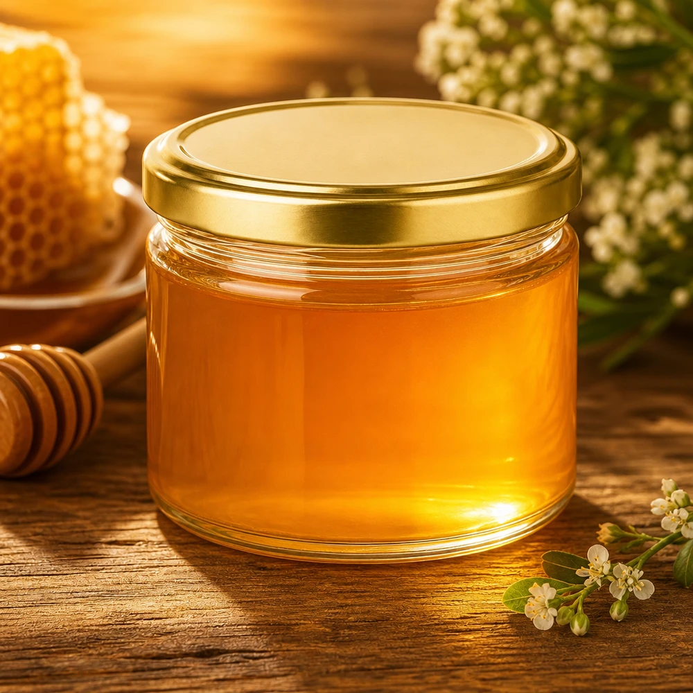 540ml Rundglas mit BasicSeal Deckel gold UNiTWIST 540ml Rundglas mit goldenem BasicSeal Deckel gefüllt mit Honig auf Holztisch mit Bienenwabe und Blüten Deko