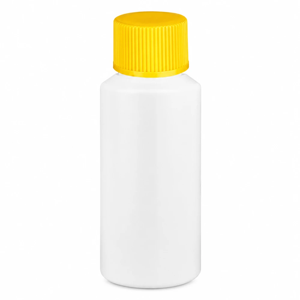 Kompakte HDPE Apothekerflasche 30ml in Weiß mit gelbem Schraubverschluss lebensmittelecht