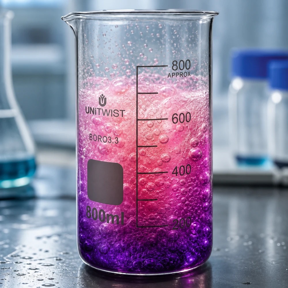Becherglas 800ml Borosilikat, hohe Form UNiTWIST UNITWIST Borosilikat Becherglas 800ml hohe Form mit sprudelnder Flüssigkeit Farbverlauf lila pink