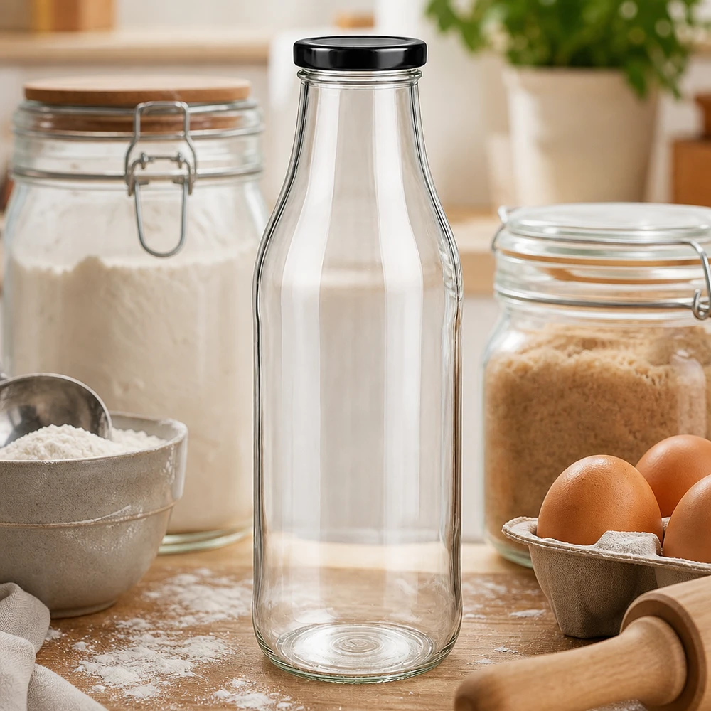 1000ml Glasflasche + BasicSeal Deckel schwarz UNiTWIST 1000ml Glasflasche leer auf Holztisch zwischen Backzutaten Eiern und Mehl als Küchenausstattung
