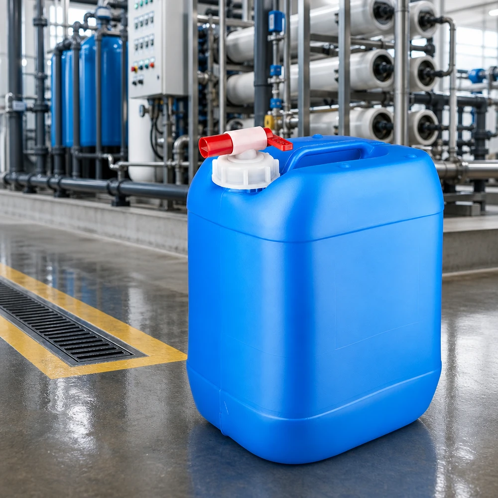 Kanister 20 Liter blau mit Auslaufhahn Kanister 20 Liter Blau mit weißem Schraubdeckel und rotem Hahn auf Industrieboden