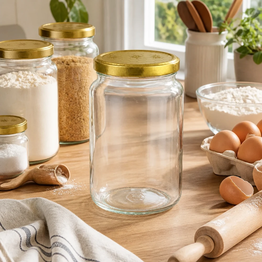 795ml Rundglas + BasicSeal Deckel Bienenwabe UNiTWIST Leeres 795ml Rundglas mit goldenem Bienenwaben-Deckel in Küchenszene mit Eiern und Backzutaten