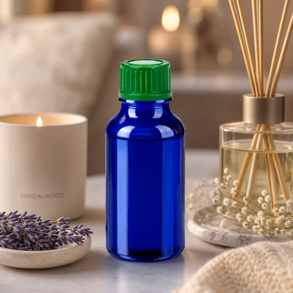 20ml Flasche 11mm Schraubverschluss grün Standard BlueLine UT18/20 Elegante kleine Glasflasche 20ml für Wellness und Spa-Anwendungen grüner Verschluss BlueLine