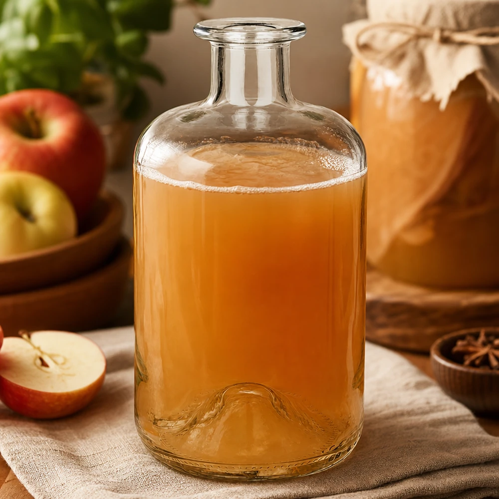 500ml Glasflasche "Luna" ohne Verschluss UNiTWIST Apothekerflasche Luna 500ml mit Apfelsaft gefüllt neben frischen Äpfeln und Gewürzen als natürliche Küchendeko