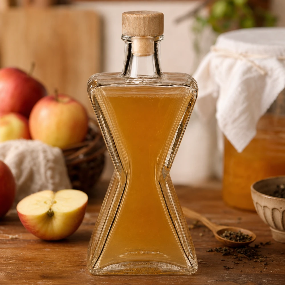 200ml Glasflasche Star mit Apfellikör befüllt - Holzkorken UNiTWIST präsentiert mit frischen Äpfeln in Küchenszenerie