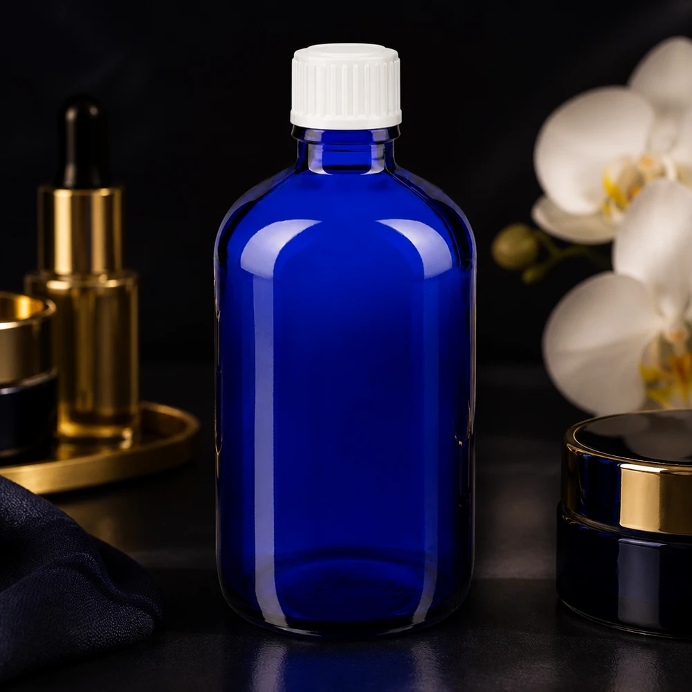 Kleine blaue Apothekerflasche 100ml Glas mit weißem Schraubdeckel lichtgeschützt