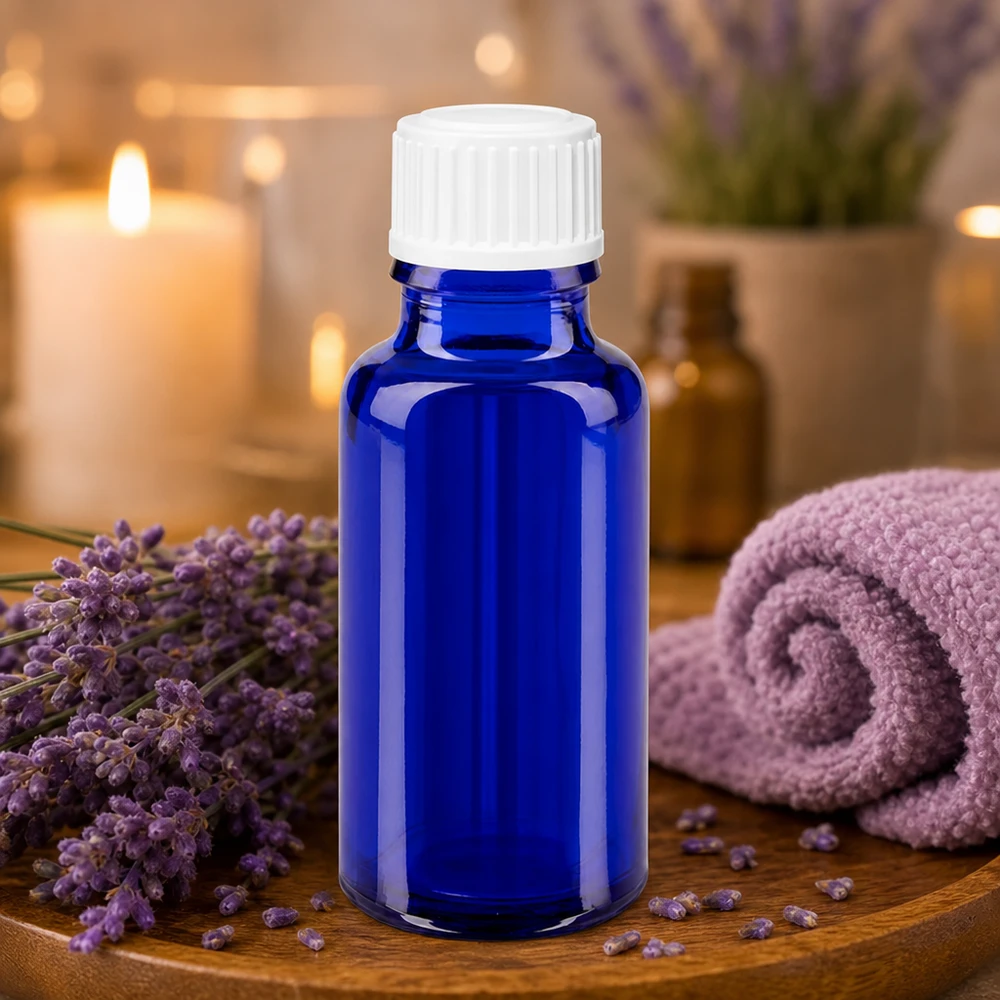 Apothekenflasche blau 20ml Schraubverschluss weiß Globuli Standard Blaue Glasflasche 20ml GR STD für ätherische Öle in entspannender Spa-Atmosphäre