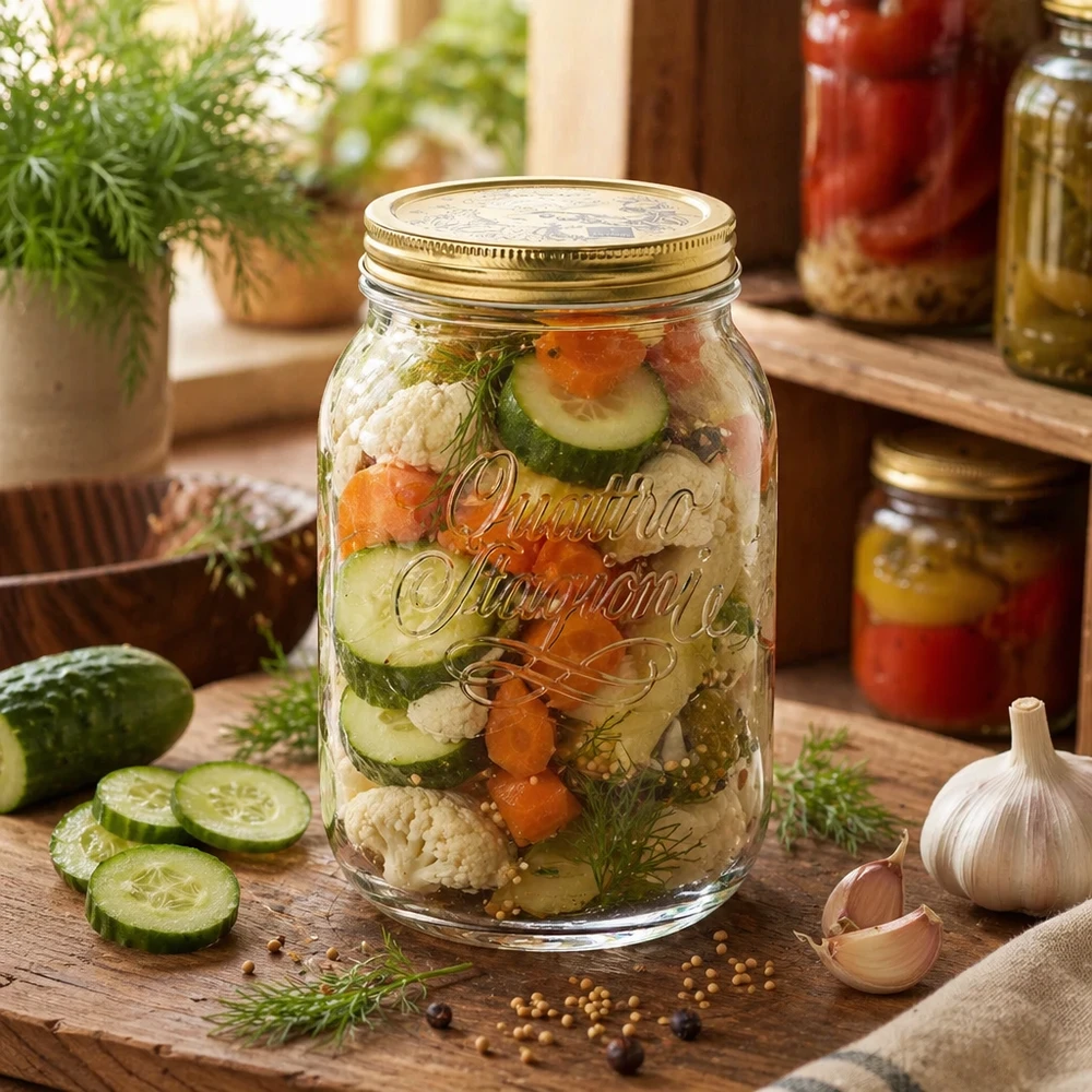 2000ml Rundglas "Quattro Stagioni" mit Deckel Quattro Stagioni 2L Einmachglas mit eingelegtem Gemüse und Dill - traditionelle Konservierung mit Gurken und Blumenkohl