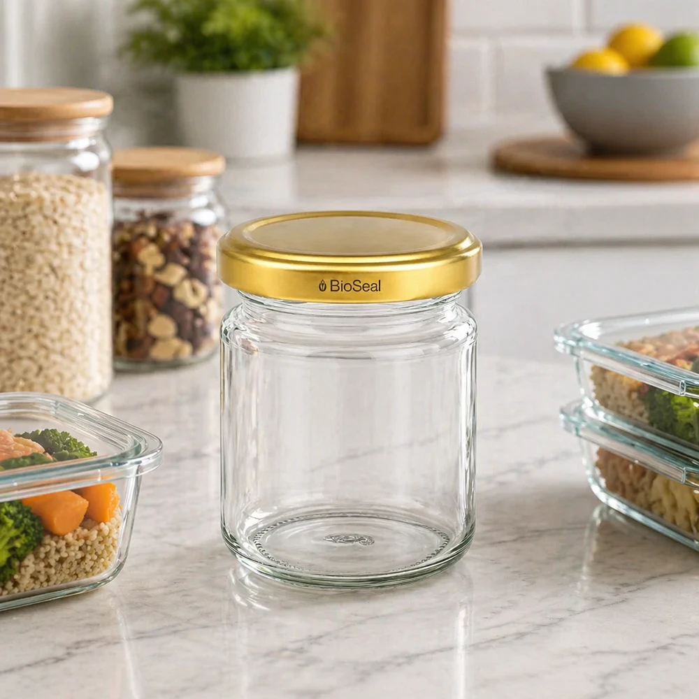 53ml Rundglas mit BioSeal Deckel gold UNiTWIST UNiTWIST Runda53 Vorratsglas mit goldenem TO43 BioSeal Deckel auf Marmortheke zwischen Küchenbehältern