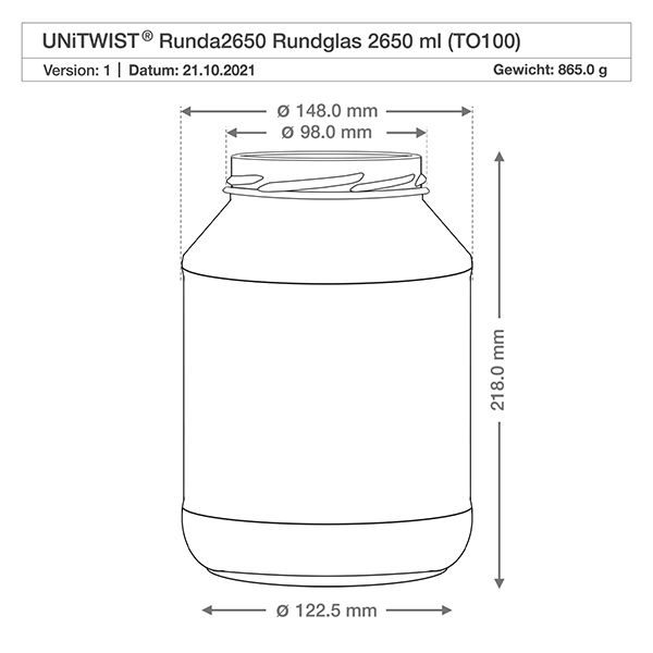 2650ml Rundglas ohne Deckel (TO100) UNiTWIST Technische Zeichnung UNiTWIST Runda2650 Sturzglas 2650ml mit Maßangaben Durchmesser 148mm Höhe 218mm TO100