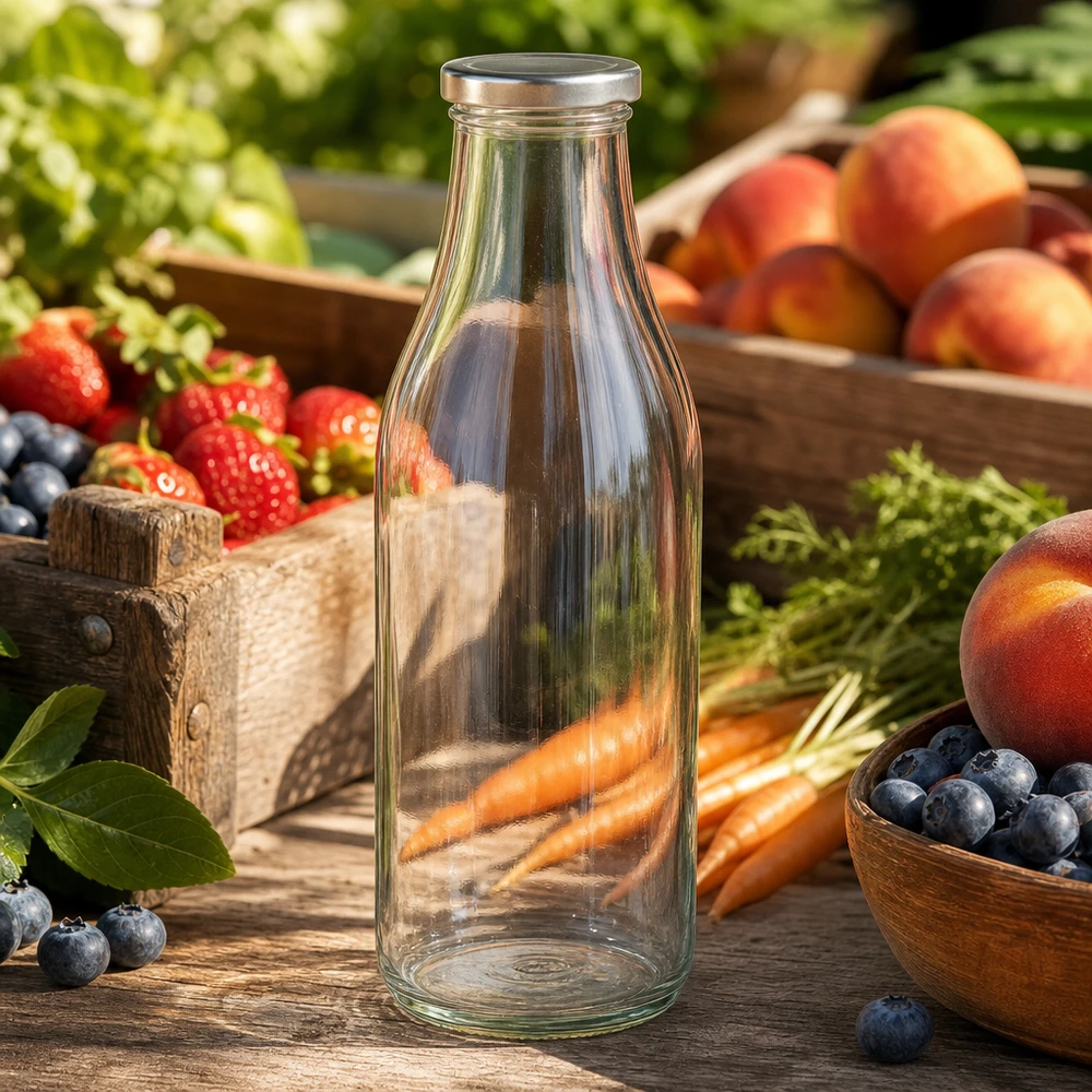 1000ml Glasflasche + BasicSeal Deckel silber UNiTWIST 1000ml Glasflasche BasicSeal silber zwischen frischem Obst und Gemüse auf Holztisch natürliche Marktstand Atmosphäre