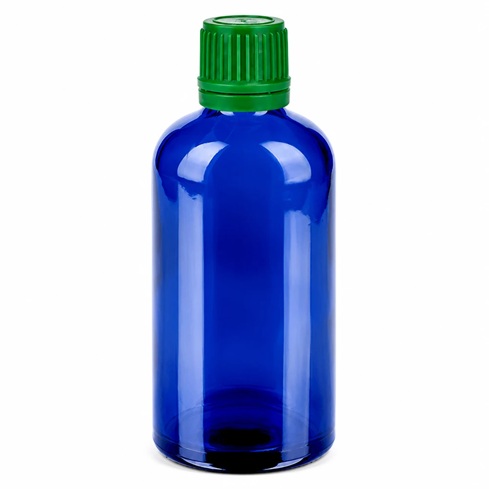 100ml Flasche 11mm Schraubverschluss grün Originalitätsverschluss BlueLine UT18/100 Kompakte blaue Glasflasche 100 Milliliter mit sicherem grünem Verschluss UT18 Gewinde